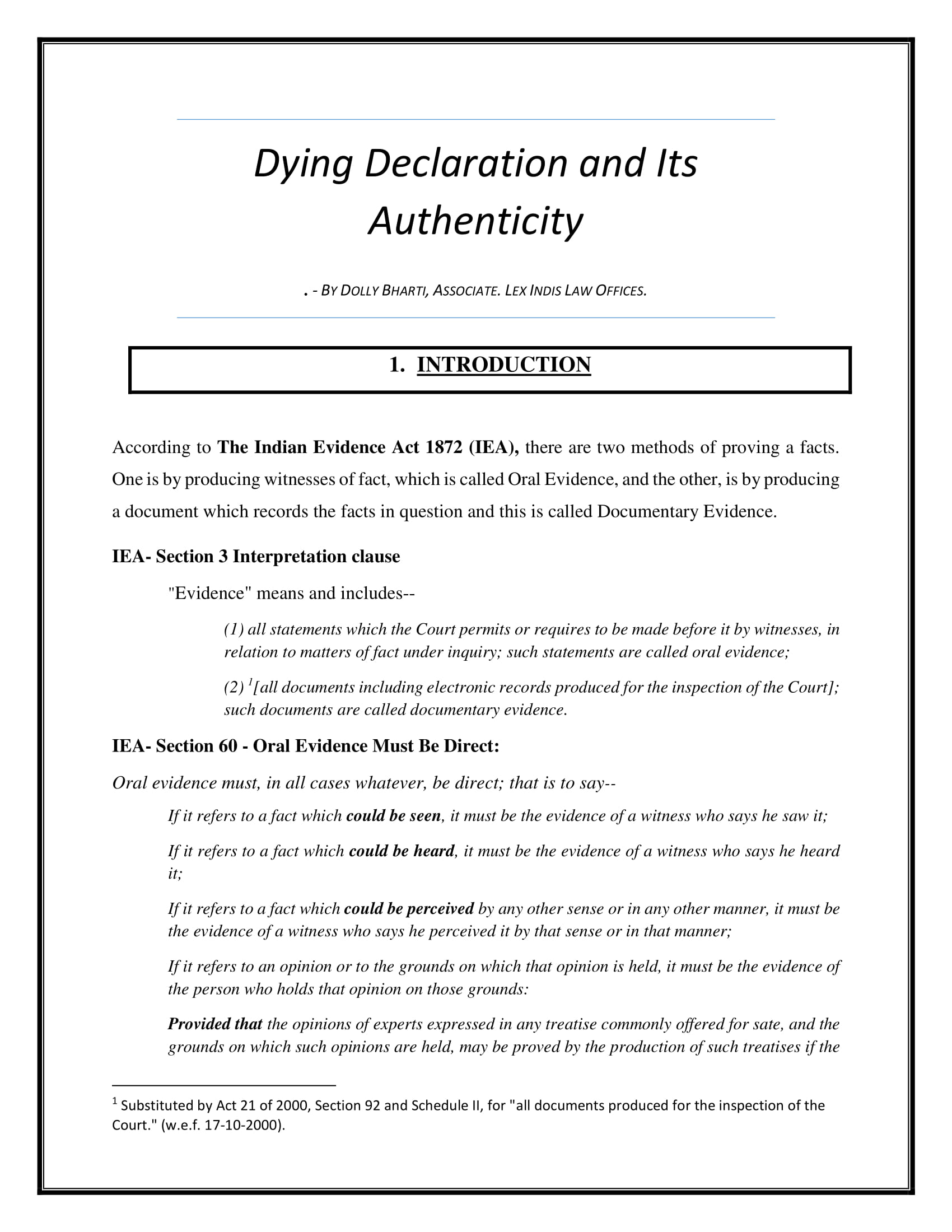 Dying declaration and its authenticity lex indis